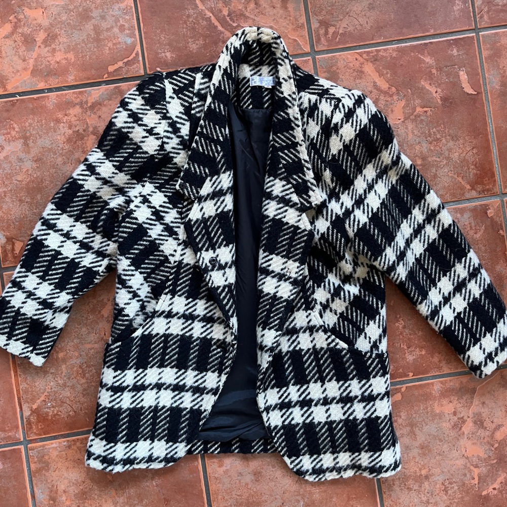 Vintage Black and White Wool Plaid Coat